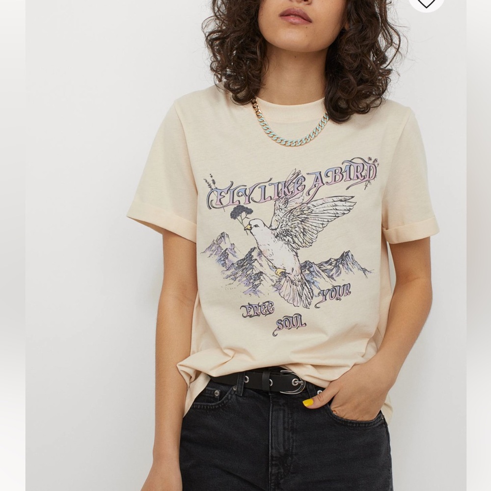 H&M PRINTED LIGHT BEIGE CREAM T-Shirt Flying like a bird! FREE SOUL. XL